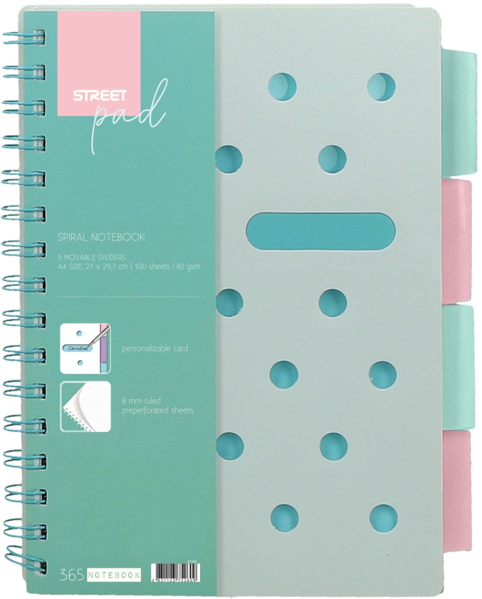 67196 Тетрадка SP Dots, А5, спирала, PP,100л, широки редове , разделител, зелена - Image 1
