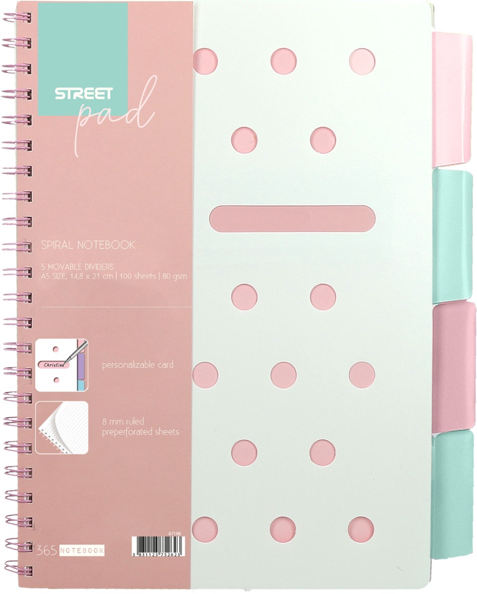 67256 Тетрадка SP Dots, А5, спирала, PP,100л, широки редове, разделител , розова - Image 1