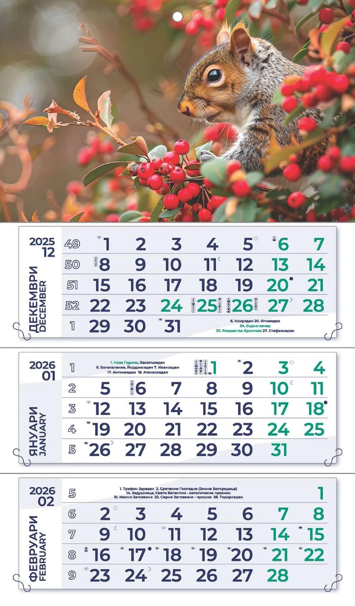 raboten-kalendar-313-sin280-zelen334-2026 Стенен работен календар РК 313, 3 секции, син/зелен - Image 1
